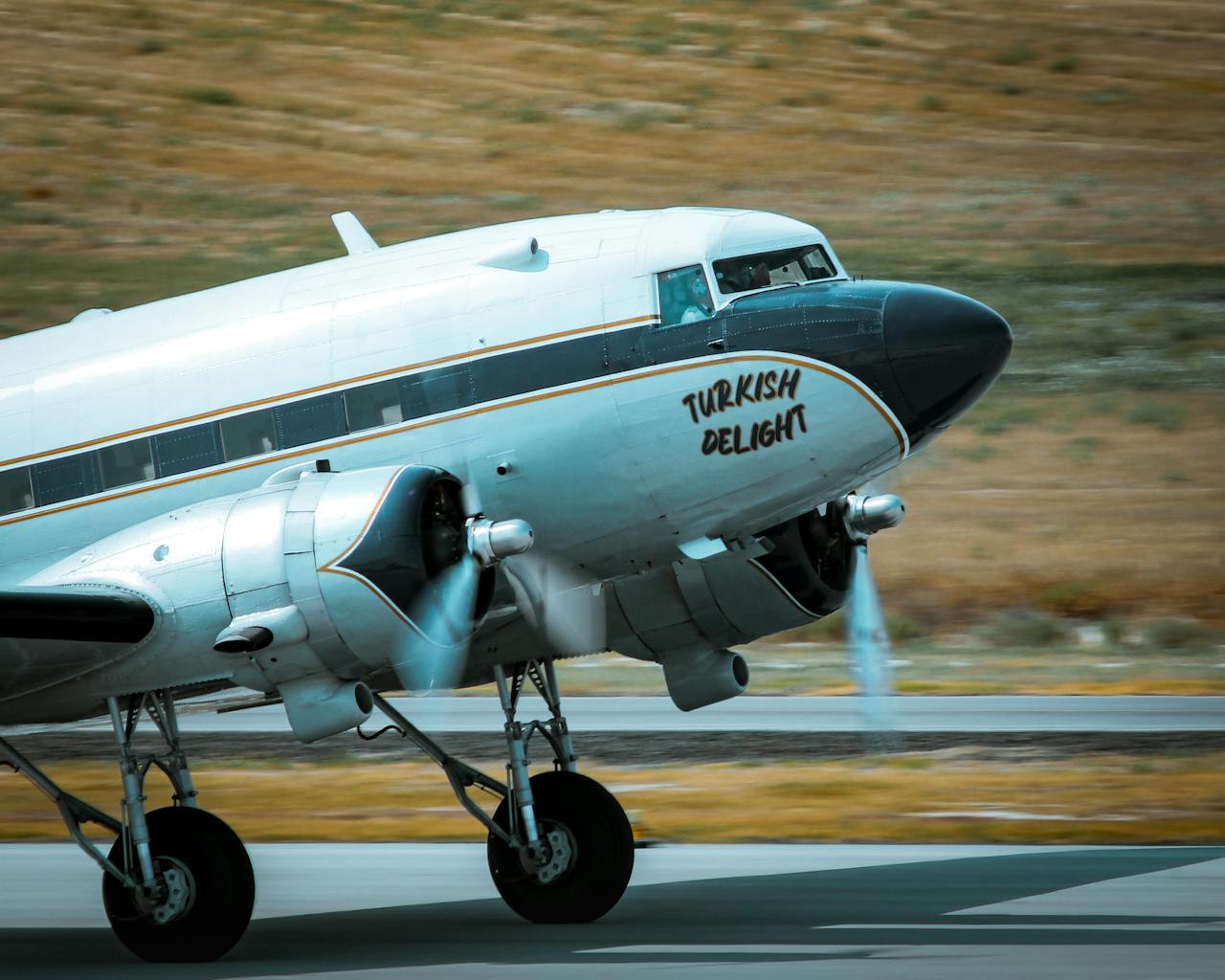 Classic DC-3 airplane 'Turkish Delight' taking off from Eskişehir, Turkey.